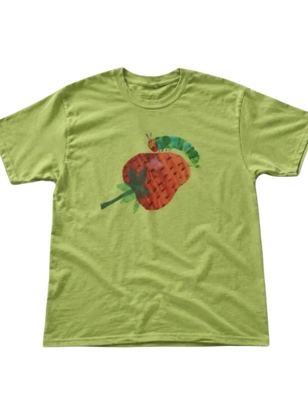 Kiwi Green Tee with Strawberry & Caterpillar Graphic